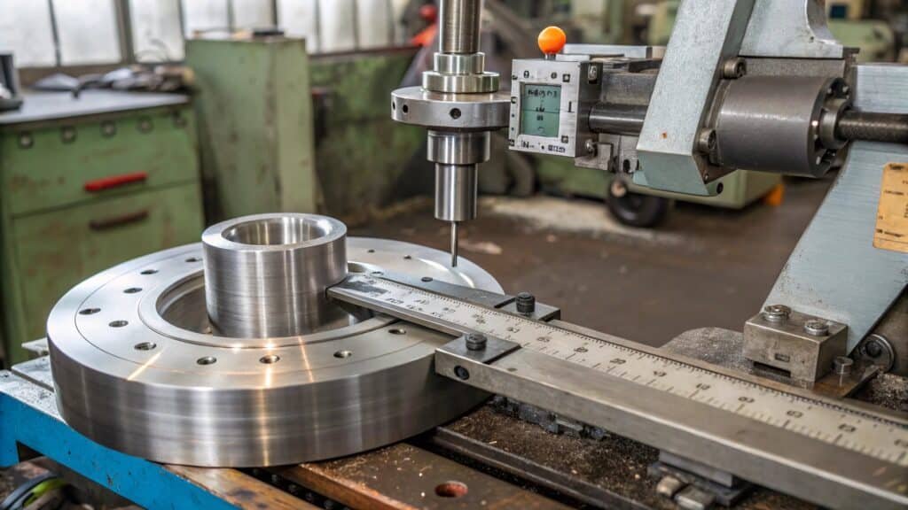 alt with keywords: engineer measuring a forged aluminum part with calipers, showing tolerances
